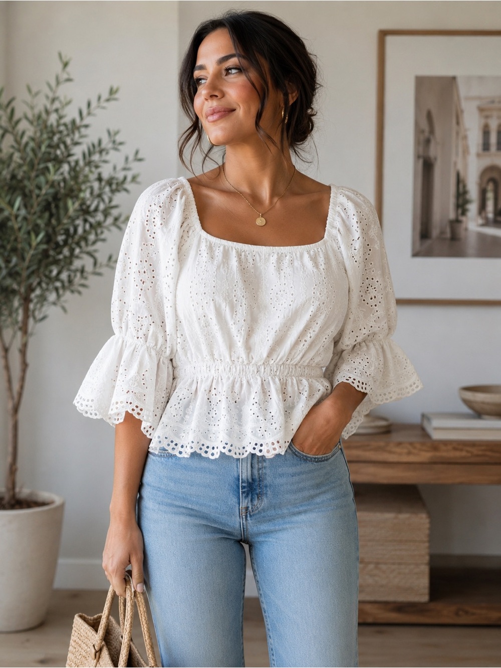 Off White Eyelet Peplum Blouse with Square Neck